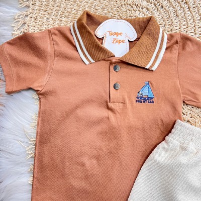 Conj. Camiseta Gola Polo Fun At Sea e Bermuda em Linho - Marrom e Areia